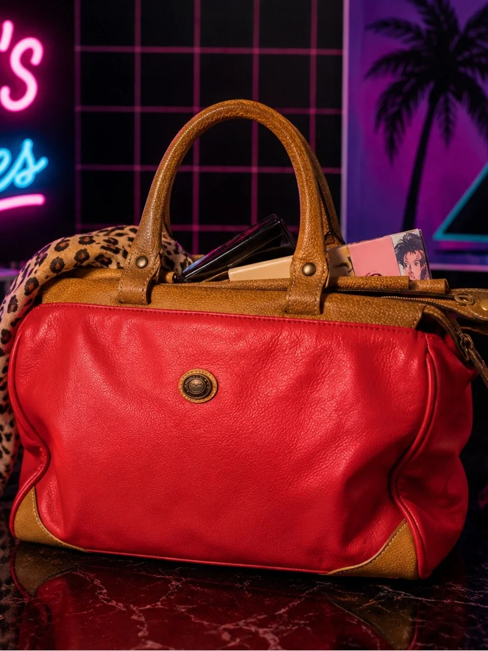 Capezio Red Vintage Retro 80s Classic Red Leather Satchel with Tan Handles